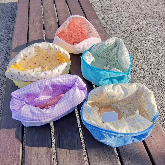 재고 있음 블루 메이크업 파우치 코튼 퀼트 작은 메이크업 테리 타월 천 지퍼가 달린 화장품 가방